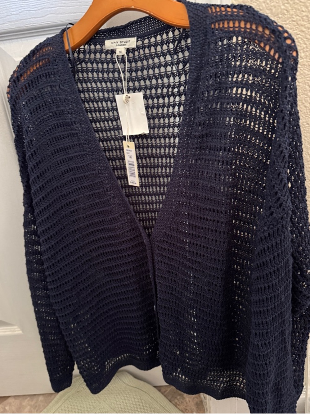 Max Studio Navy Open-Weave V-Neck Cardigan L/Slv size 1X